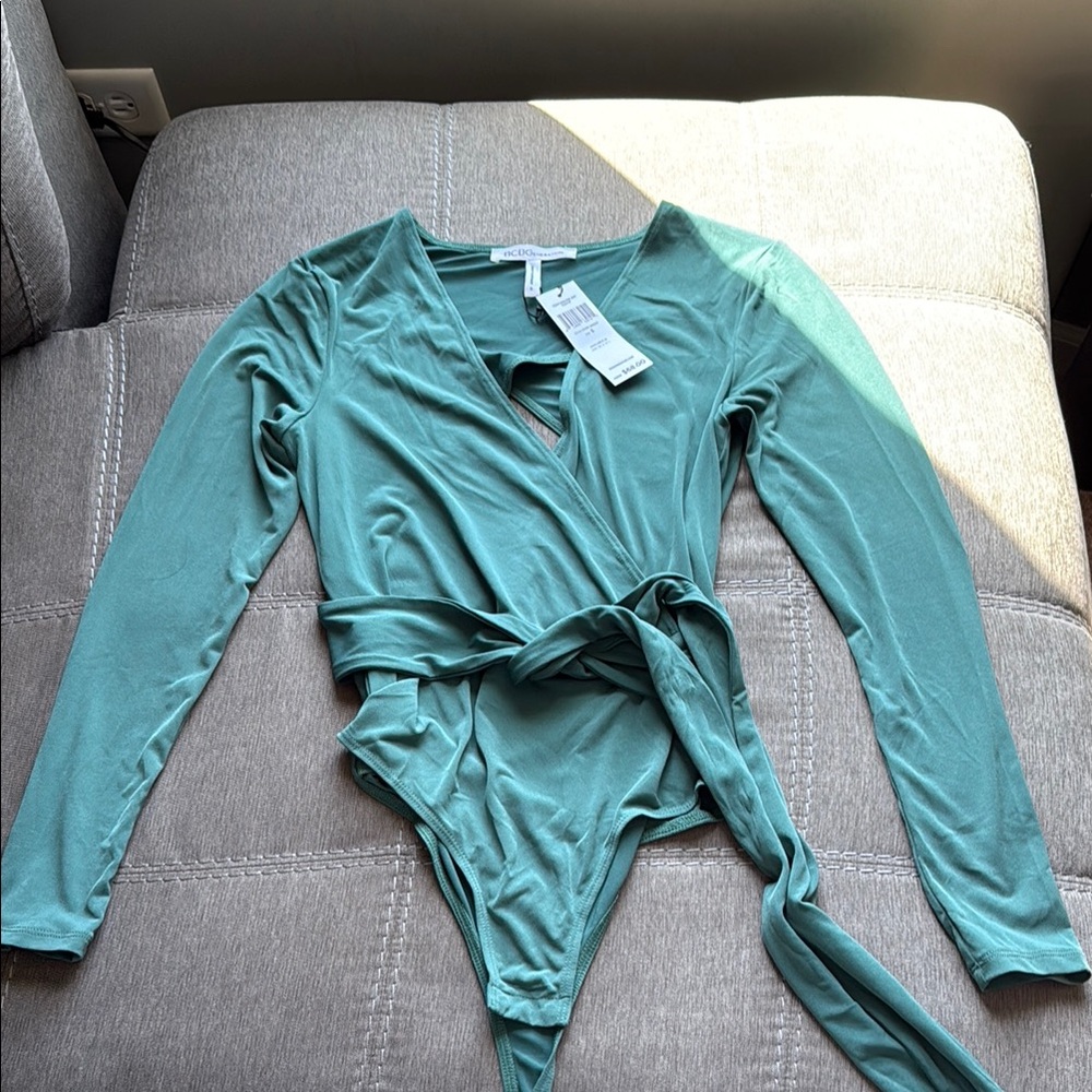 BCBGeneration Green Wrap Bodysuit with Long Sleeves